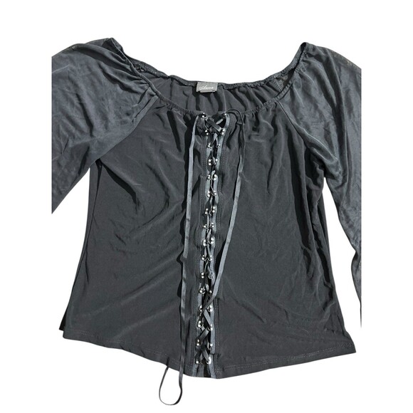 Y2K Anna Blouse Lace Up Front Black Whimsigoth Grunge Witchy Lightweight Sz 1X - Picture 3 of 16